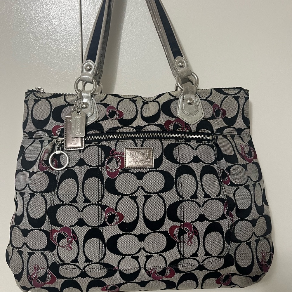Coach Poppy Black & Gray Signature Shoulder Bag with Pink Accents